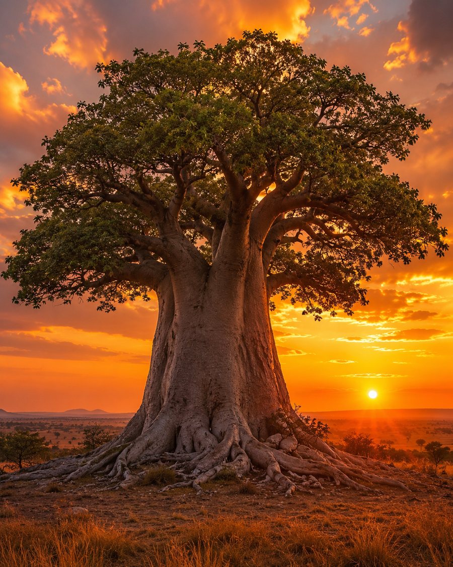 A majestic Ceiba tree at sunset, roots spread wide over the savanna