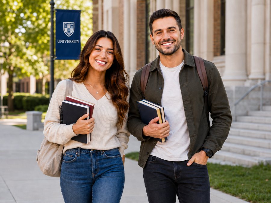 Two Ceiba associates walking to campus with books, ready to study