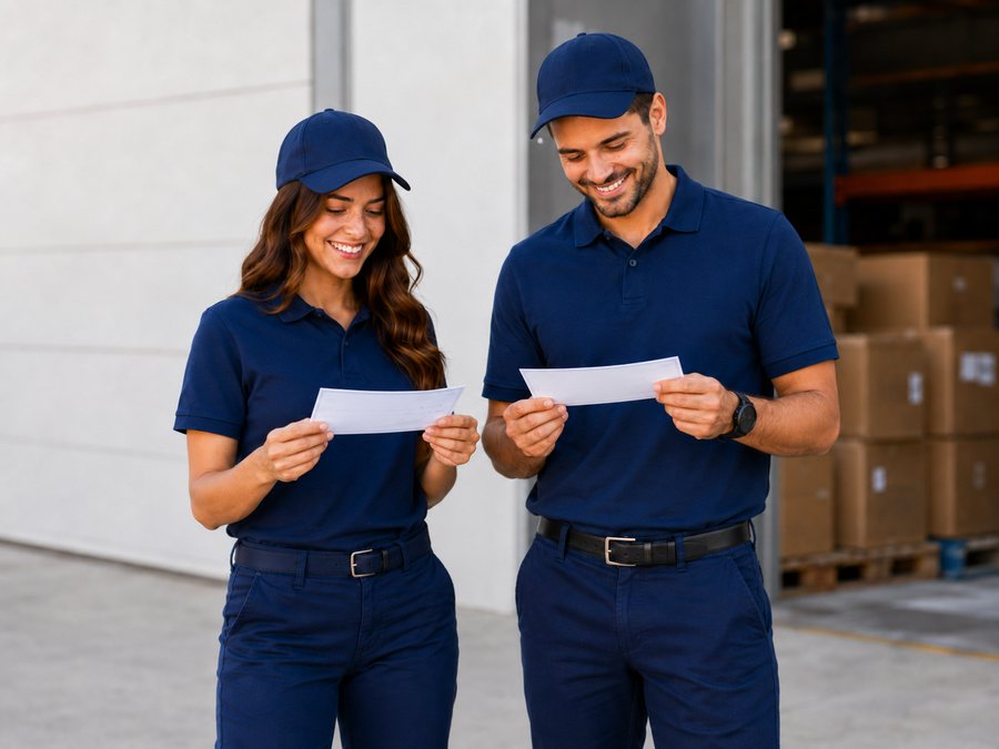 Ceiba delivery drivers smiling as they review their paychecks