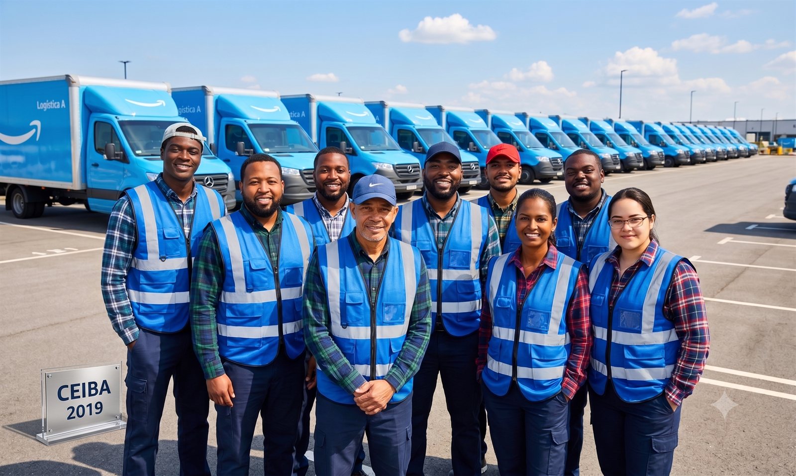 El equipo de CEIBA Routes frente a la flota de furgonetas de reparto de Amazon